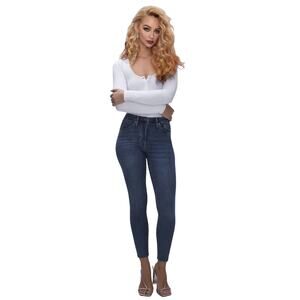 Good American Blue Good Legs Cropped Mid-Rise Body Hug Booty Shaping Raw Hem 28